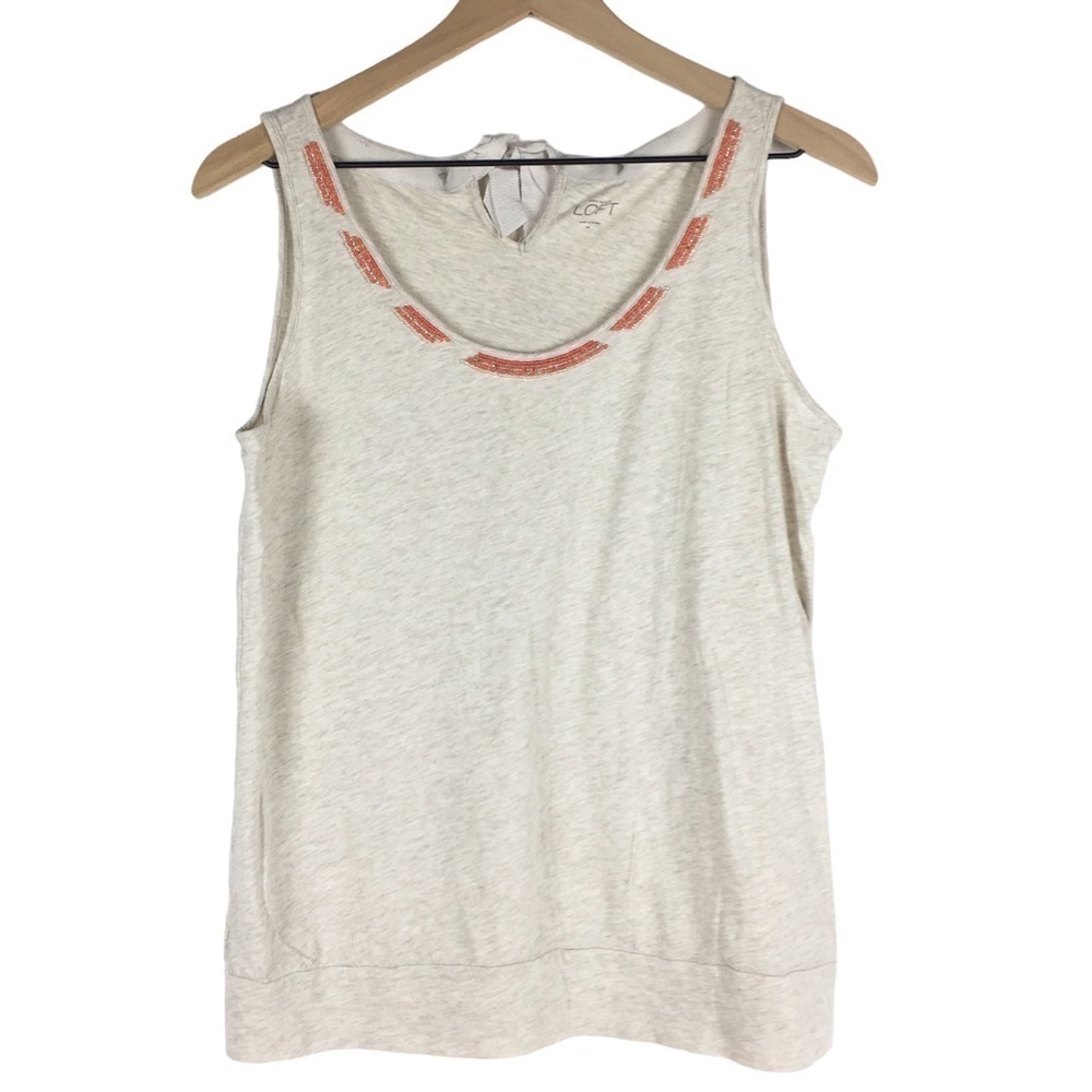 LOFT Tank Top Keyhole Tie Back Beaded Neckline Sleeveless Boho Minimalist Medium